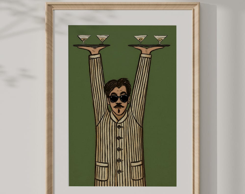 Mid Century Waiter Art Print Modern Bar Wall Art