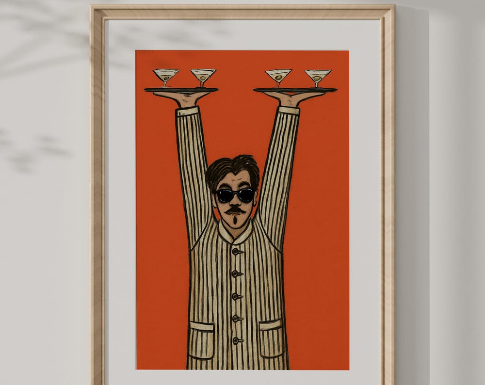 Retro Bartender Poster Red Background Cocktail Art