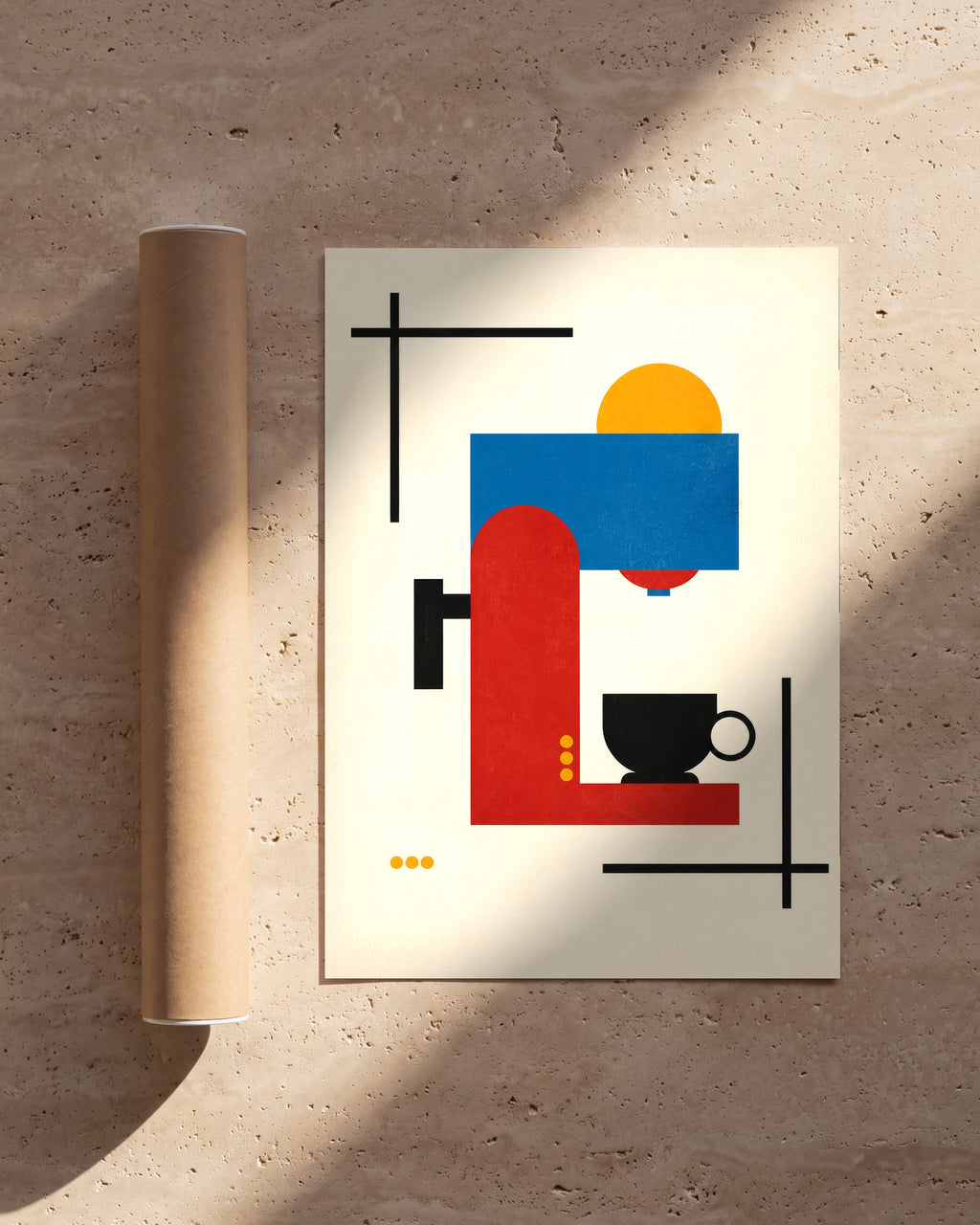 Plakat Bauhaus i kawa obok tekturowej tuby wysyłkowej