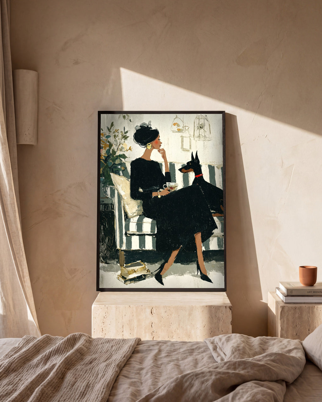 Plakat Dama z dobermanem w sypialni, na trawertynowej szafce nocnej