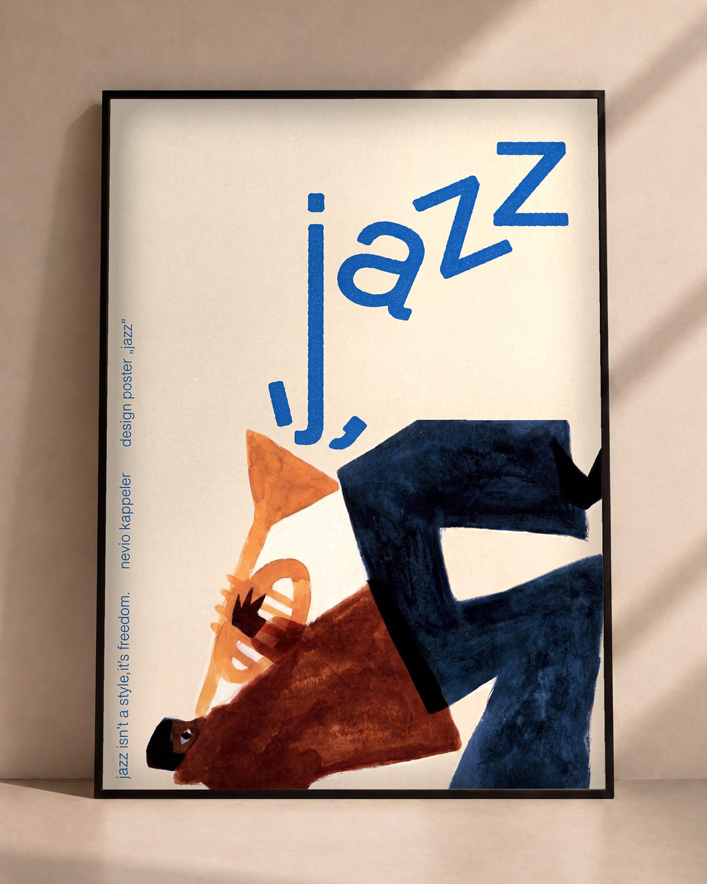 Plakat Jazz w czarnej ramie opartej o ścianę