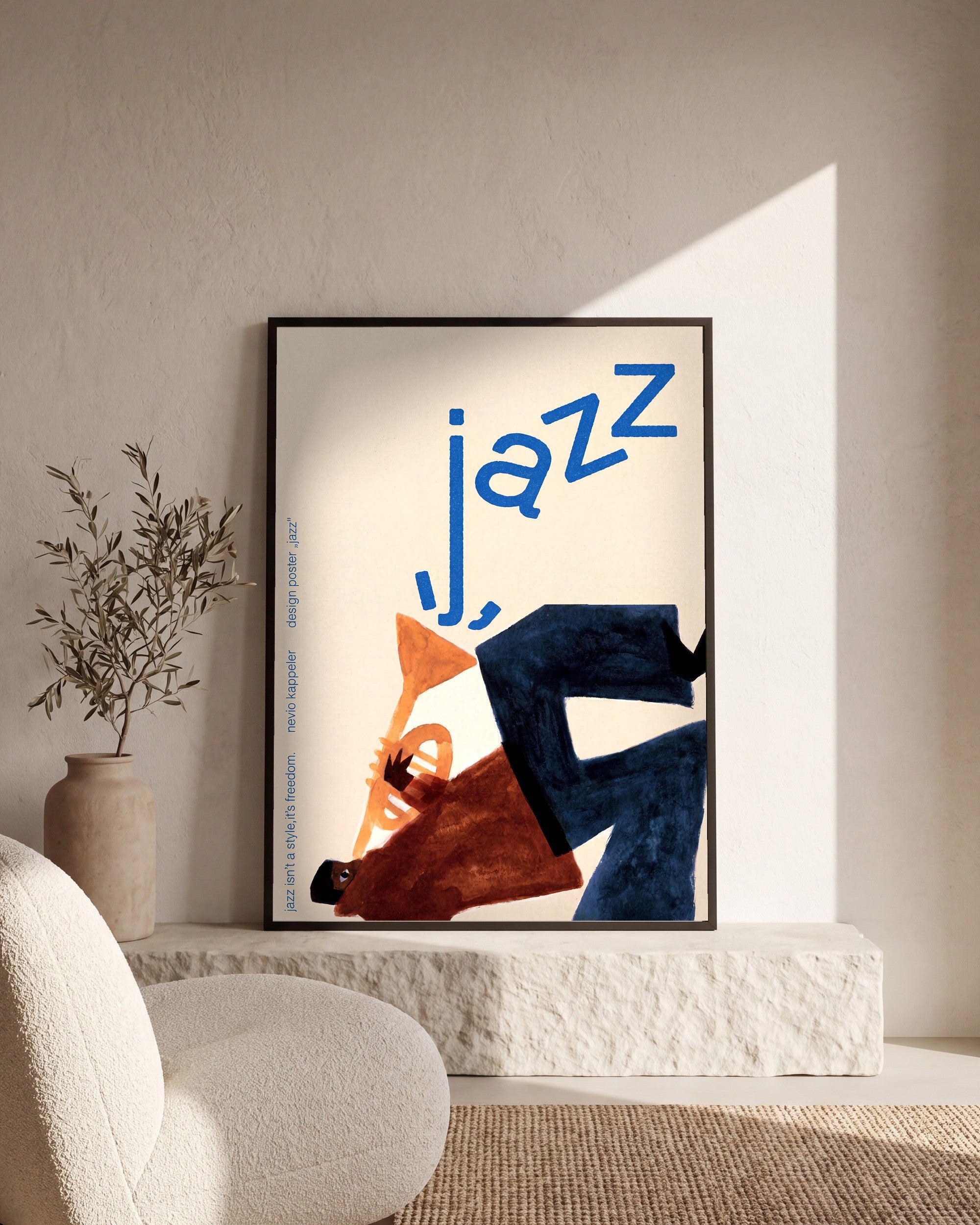 Plakat Jazz w salonie, na kamiennym cokole