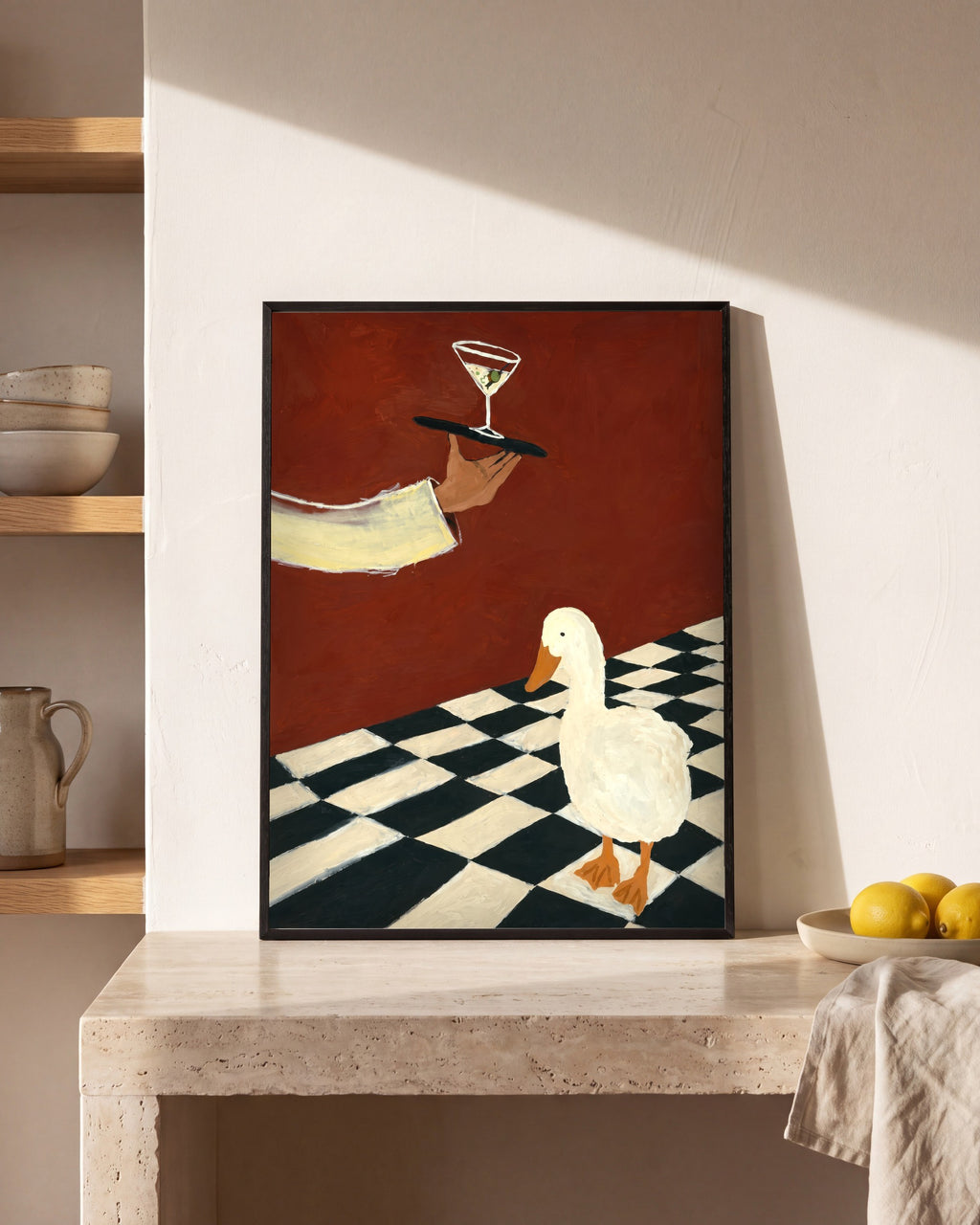 Plakat Kaczka i martini w kuchni, na kamiennym blacie