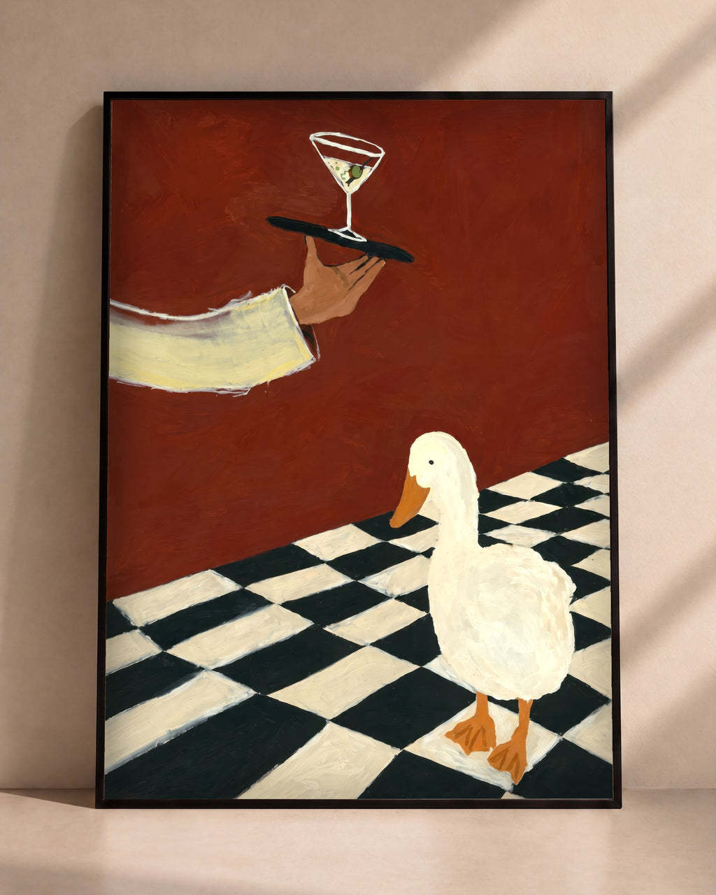 Plakat Kaczka i martini w czarnej ramie opartej o ścianę