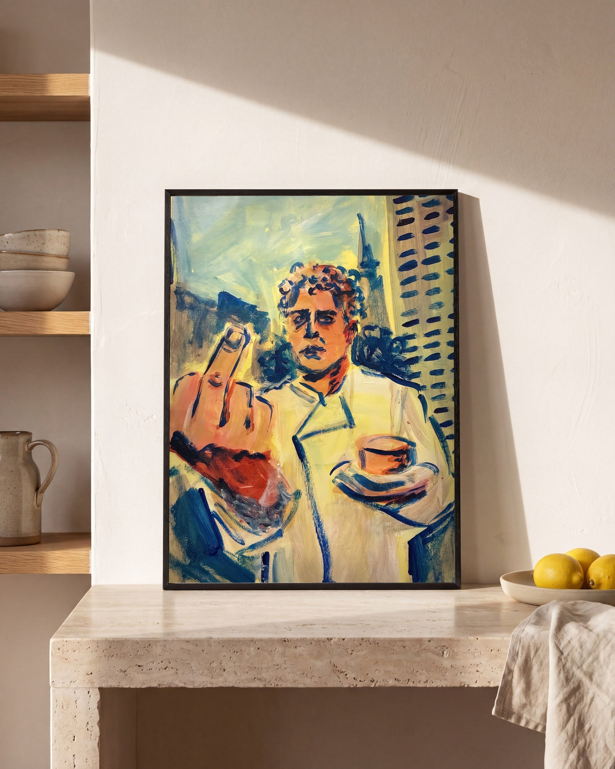 Plakat Kawa i środkowy palec w kuchni, na kamiennym blacie