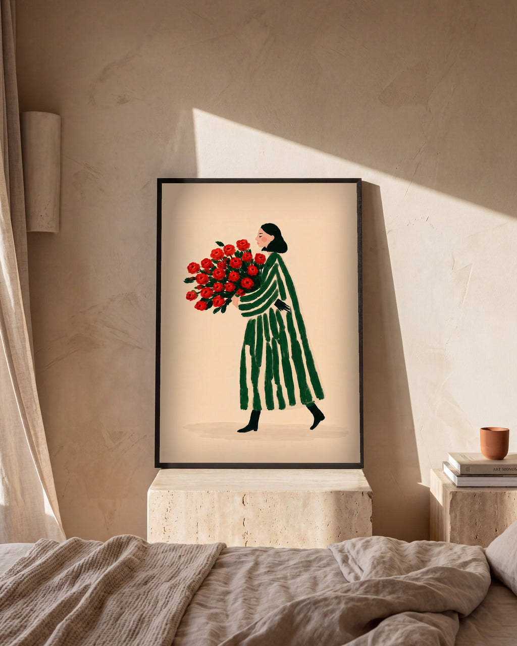 Plakat Kobieta z różami w sypialni, na trawertynowej szafce nocnej