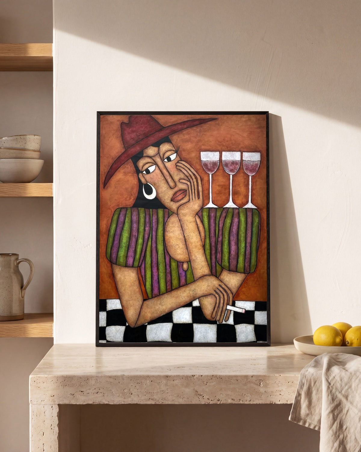 Plakat Kobieta z winem w kuchni, na kamiennym blacie
