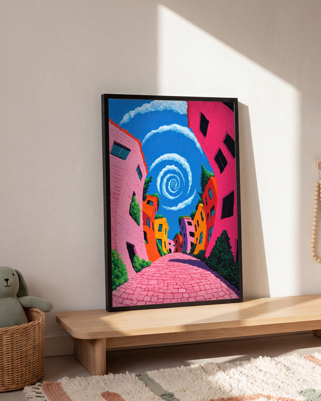 Plakat Kolorowe miasteczko w pokoju dziecka, na dębowej półce