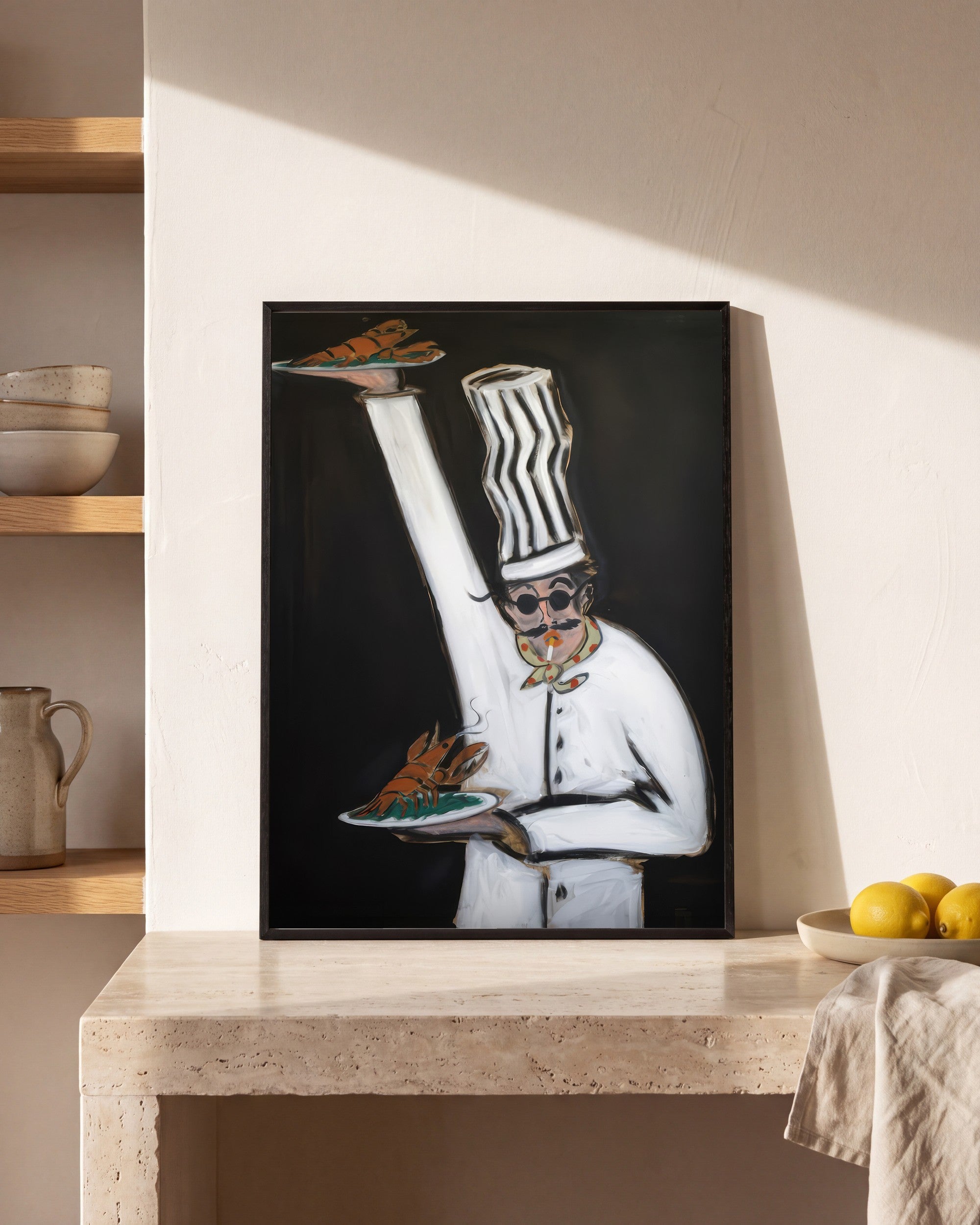Plakat Kucharz z homarem w kuchni, na kamiennym blacie