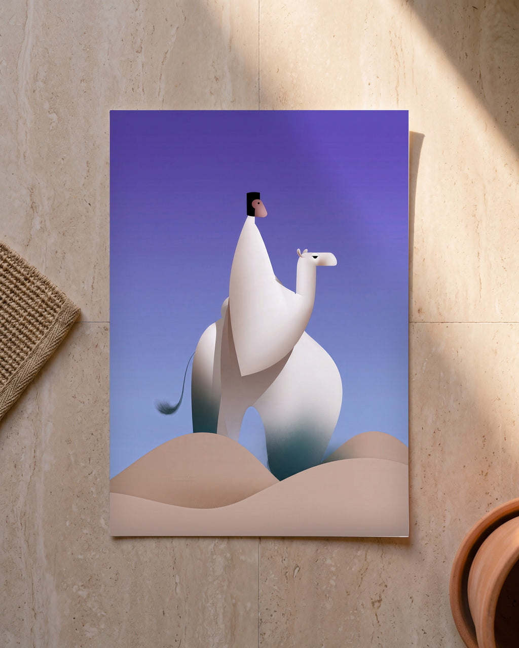 Plakat Lama na wydmach bez ramy, oparty o ścianę na podłodze