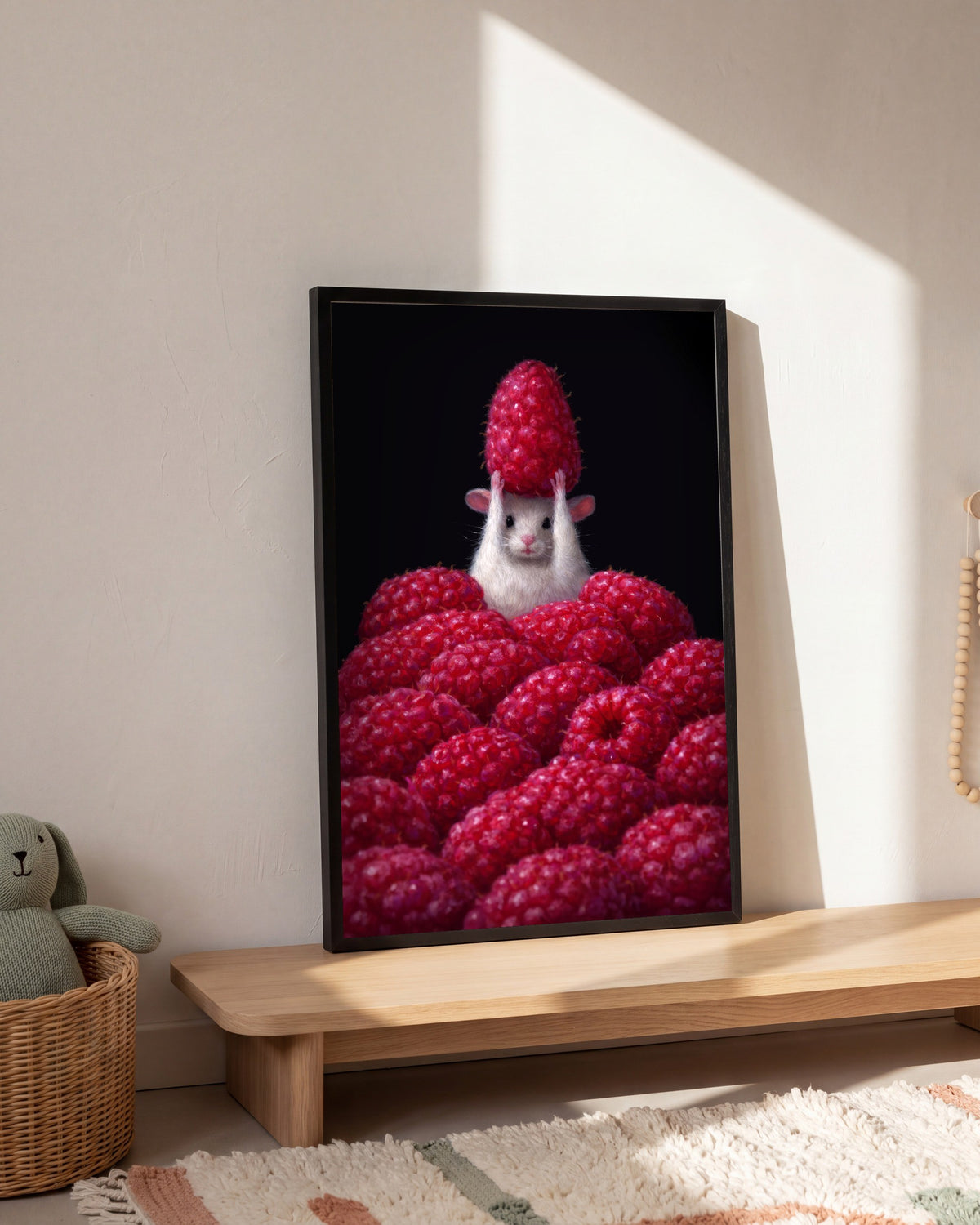 Plakat Mysz w malinach w pokoju dziecka, na dębowej półce