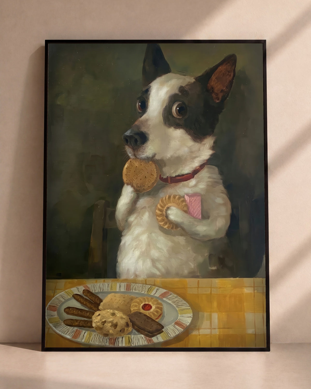 Plakat Pies z herbatnikiem w czarnej ramie opartej o ścianę