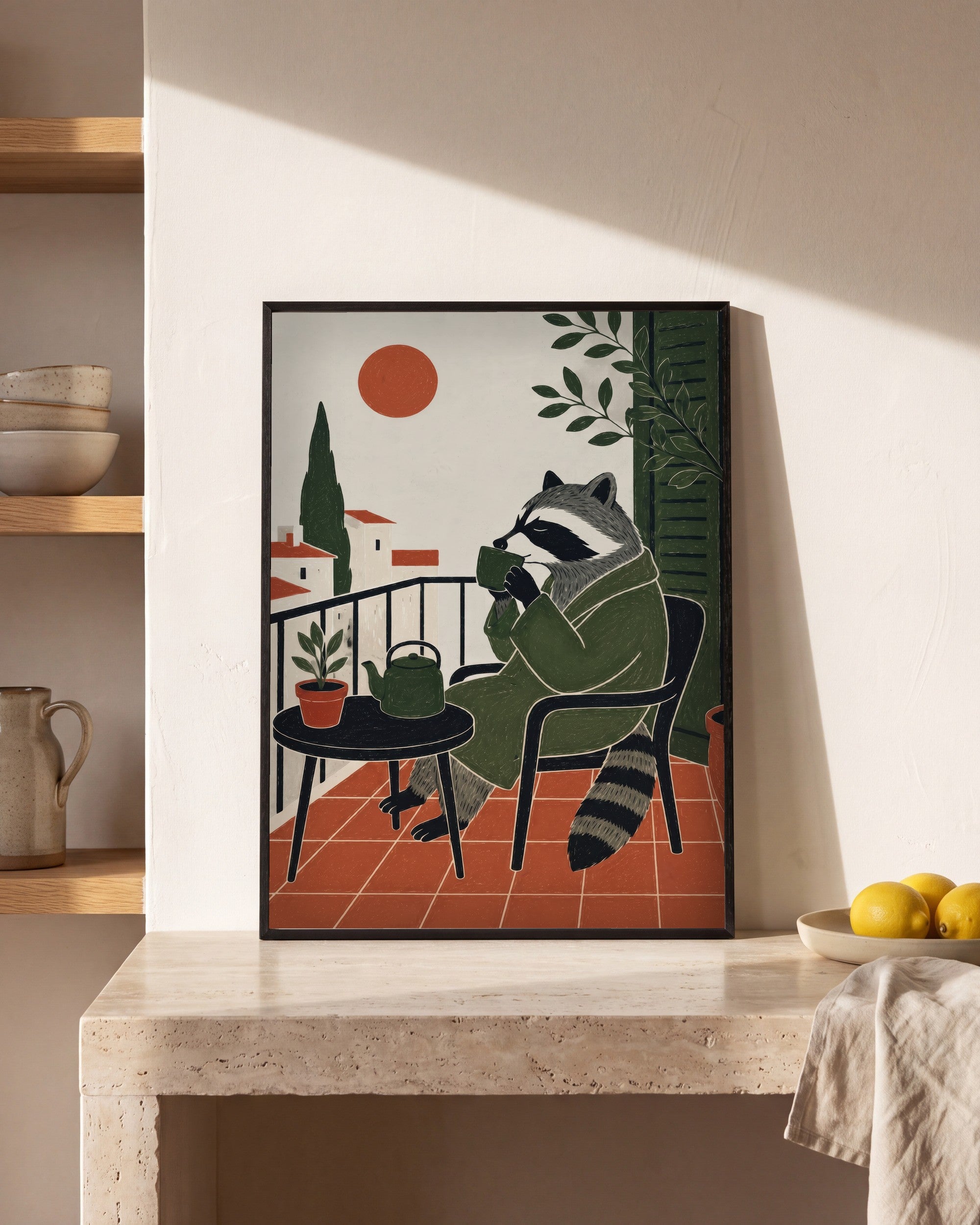 Plakat Szop na tarasie w kuchni, na kamiennym blacie