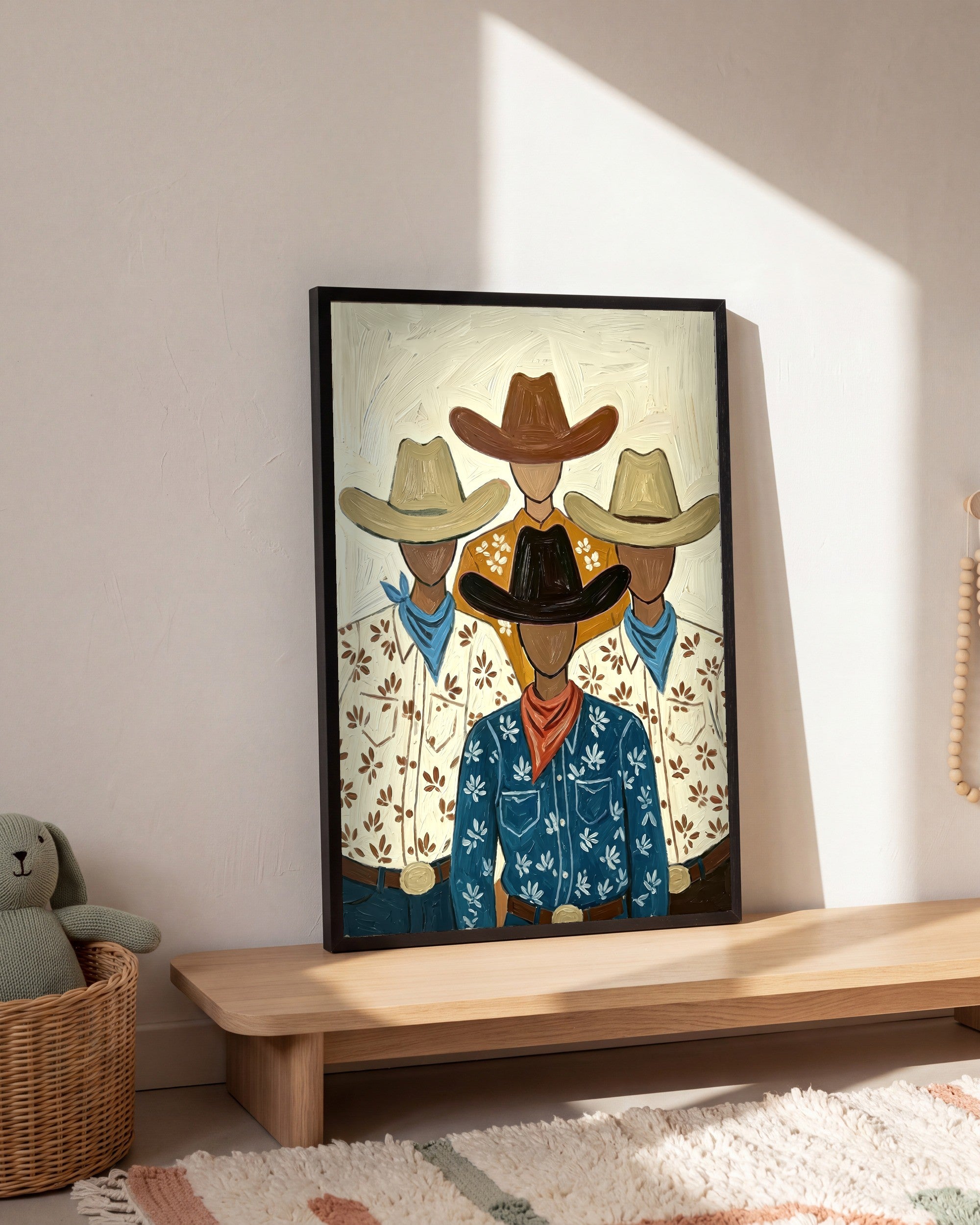 Plakat Trzej kowboje w pokoju dziecka, na dębowej półce
