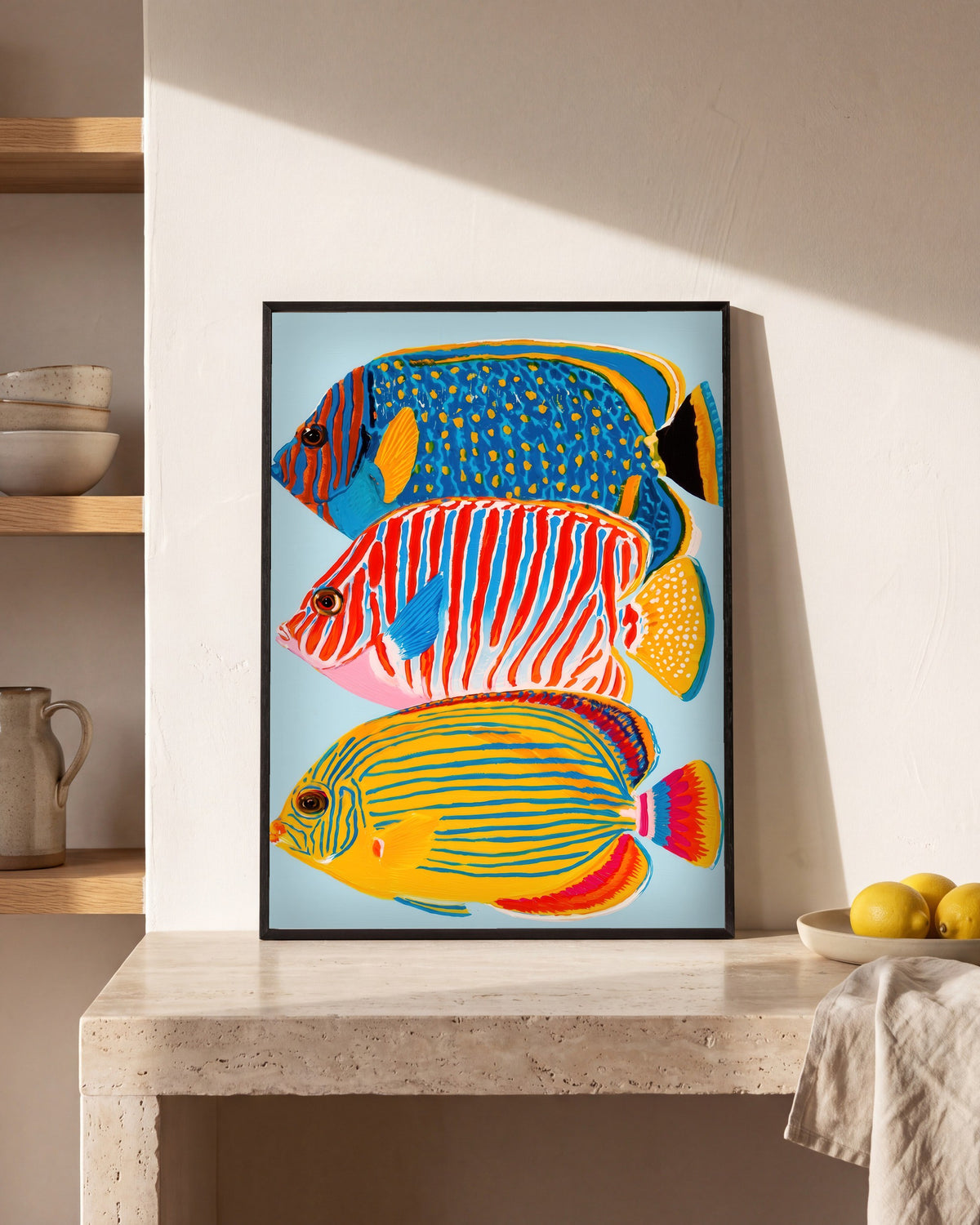 Plakat Trzy ryby w kuchni, na kamiennym blacie