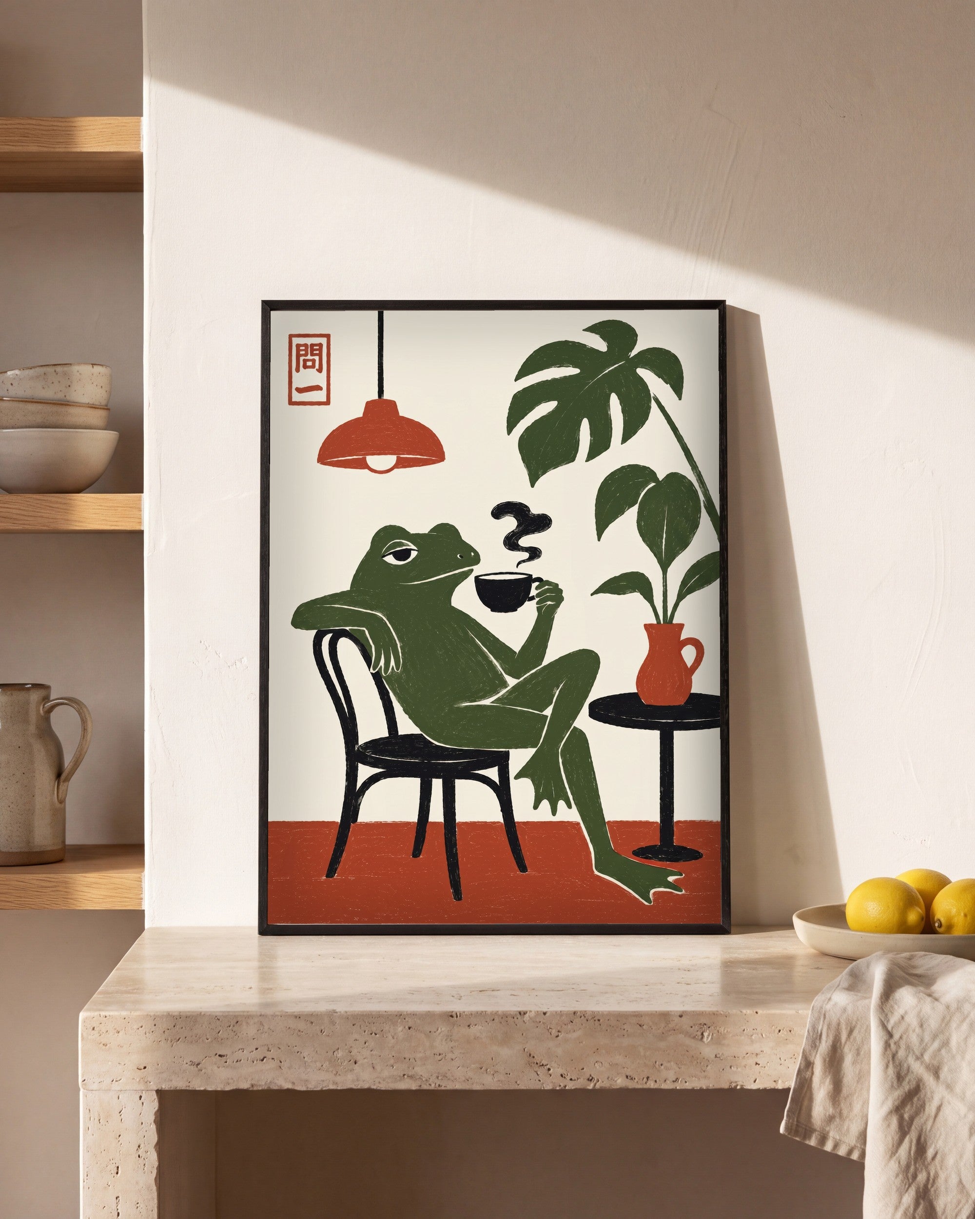 Plakat Żaba w kawiarni w kuchni, na kamiennym blacie