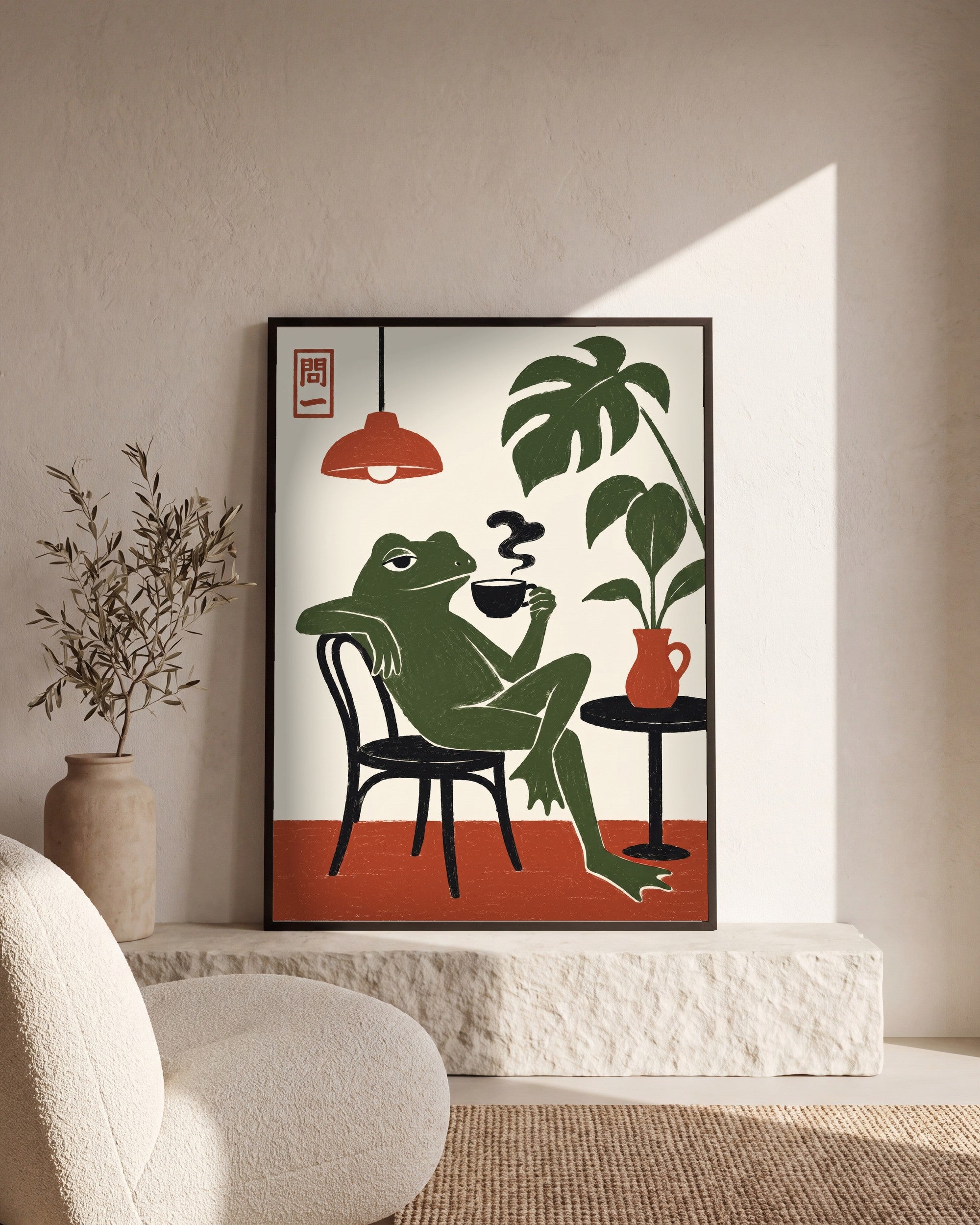 Plakat Żaba w kawiarni w salonie, na kamiennym cokole
