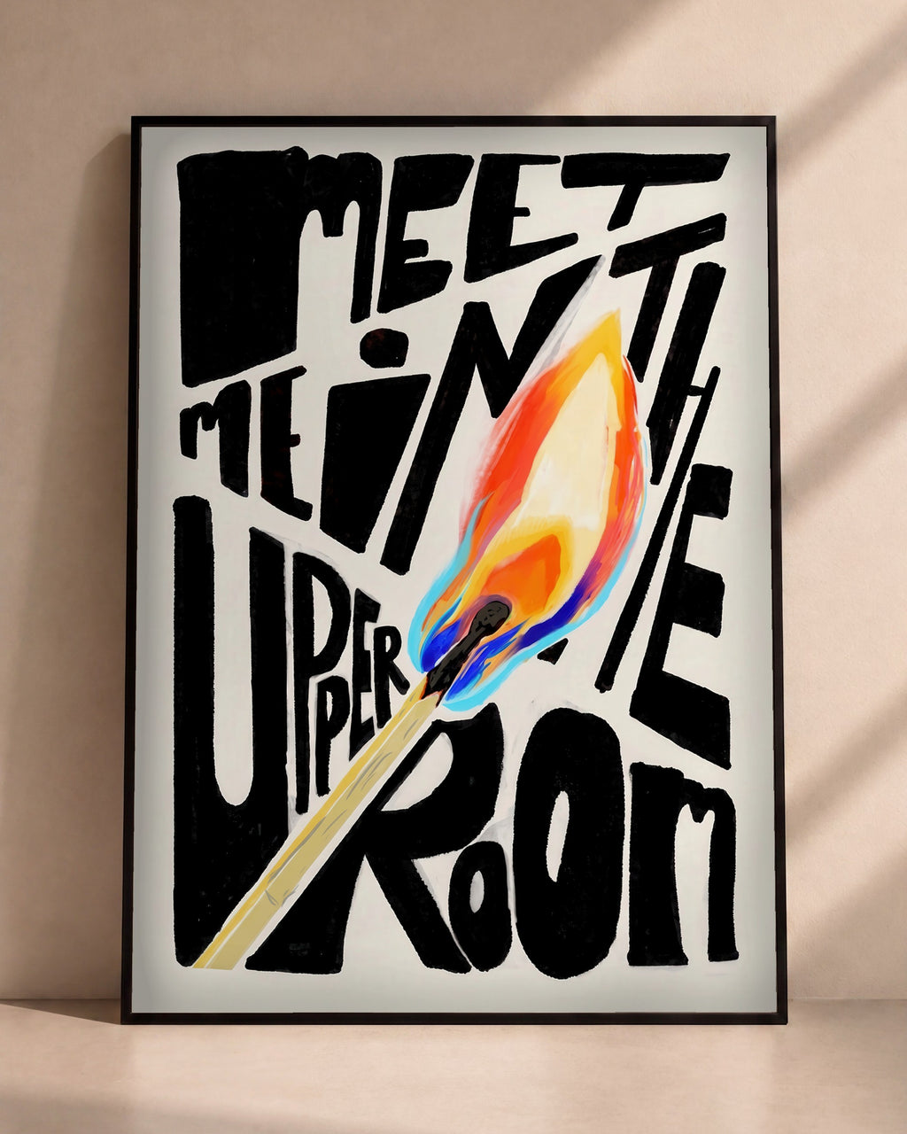Plakat Meet Me in the Upper Room w czarnej ramie opartej o ścianę