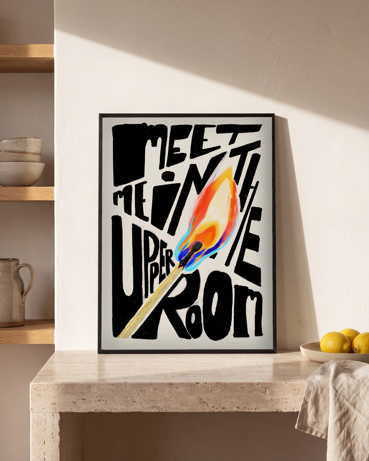 Plakat Meet Me in the Upper Room w kuchni, na kamiennym blacie