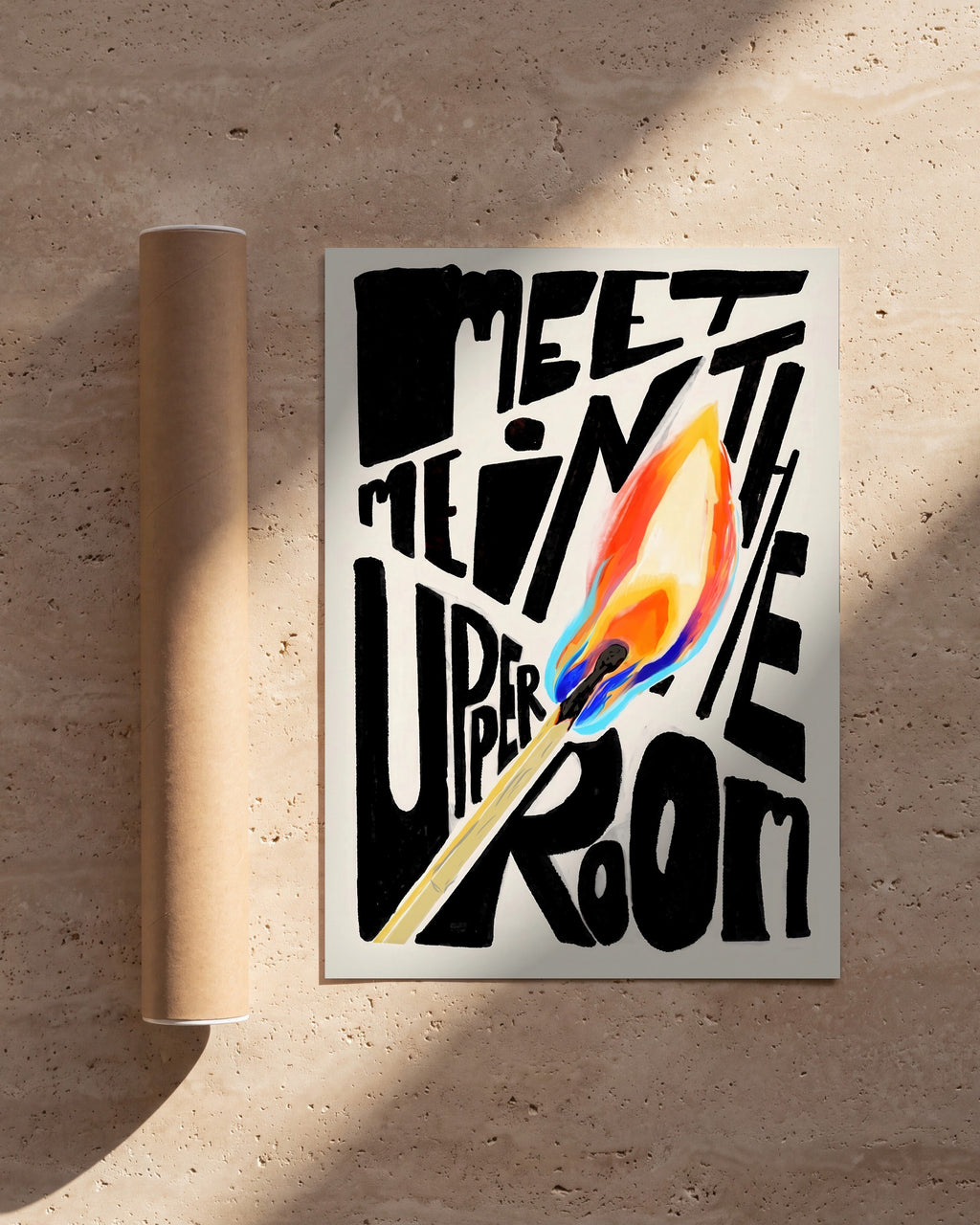 Plakat Meet Me in the Upper Room obok tekturowej tuby wysyłkowej