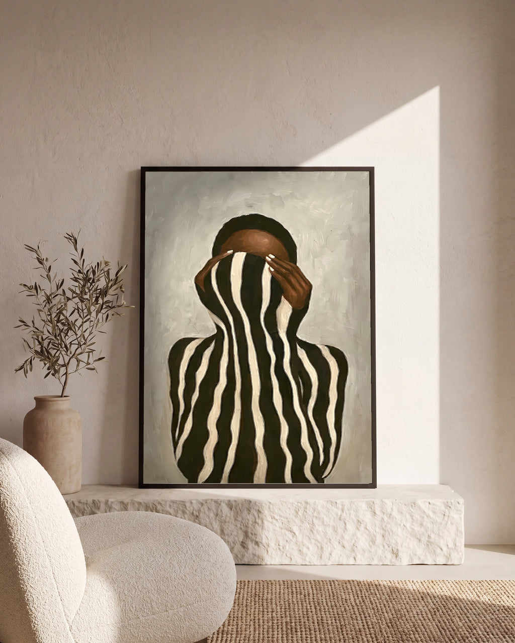 Plakat Zebra w salonie, na kamiennym cokole